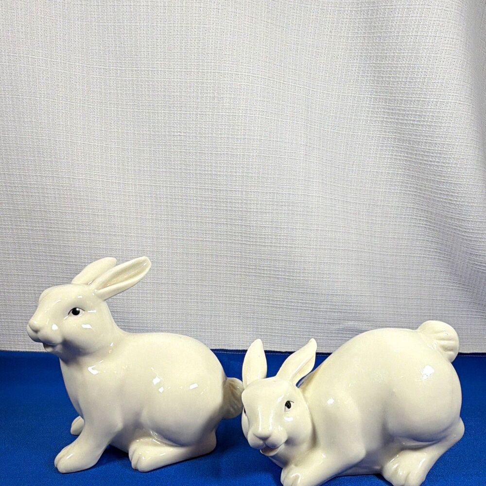White Ceramic Bunny Rabbit Figurines Set of 2 Modern Farmhouse Easter Decor